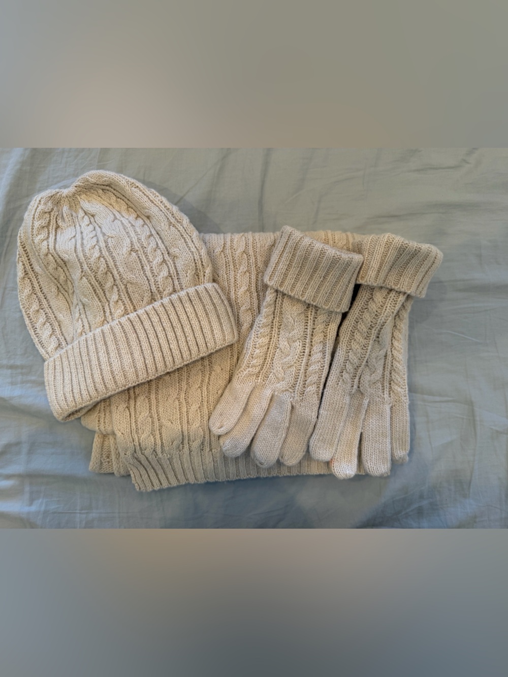 Cable Knit Hat, Scarf & Gloves Set in Cream